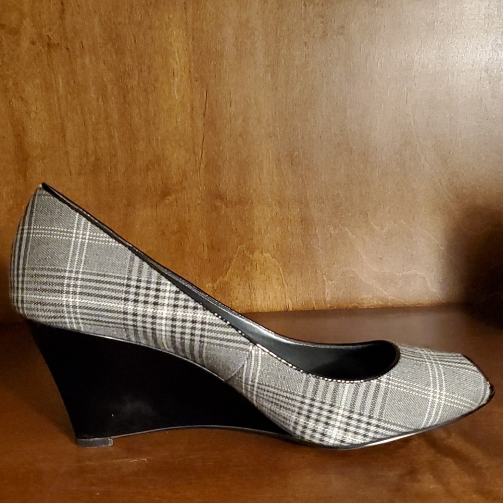 Black, grey and white plaid peep toe wedge